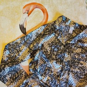 In Bloom Satin Pajama Pants Set Button Down Top Paisley Lace Print Large Black